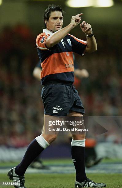 Referee Steve Walsh of New Zealand looks on during the RBS Six Nations Championship match between Wales and Scotland at the Millennium Stadium on...