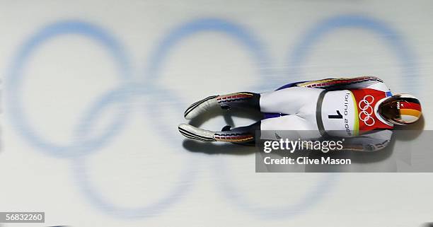 Georg Hackl of Germany competes in his final run in the Mens Luge Single Final on Day 2 of the 2006 Turin Winter Olympic Games on February 12, 2006...