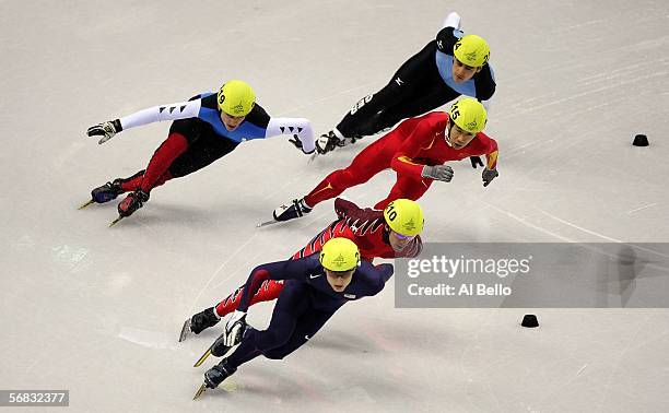 Alex Izykowski of the United States, Charles Hamelin of Canada, JiaJun Li of China, Jean Charles Mattei of France and Tyson Heung of Germany skate in...