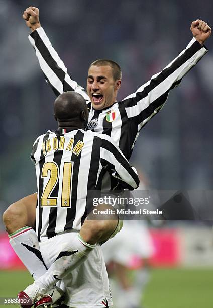 Fabio Cannavaro of Juventus celebrates his side's 2-1 victory at the final whistle with Liliam Thuram during the Serie A match between Inter Milan...