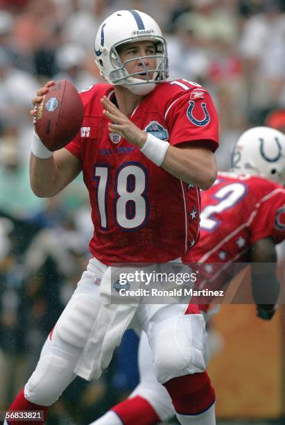 Quarterback Peyton Manning of the AFC team looks to pass against the NFC team during the NFL Pro Bowl on February 12, 2006 at Aloha Stadium in...