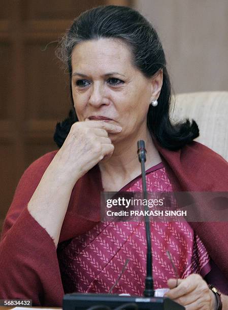 Chairperson of the United Progressive Alliance Government Sonia Gandhi gestures during an UPA-Left Coordination Committee meeting in New Delhi, 13...