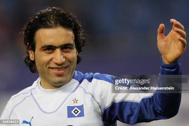 Mehdi Mahdavikia of Hamburg celebrates after the Bundesliga match between Hamburger SV and FSV Mainz 05 at the AOL Arena on February 11, 2006 in...