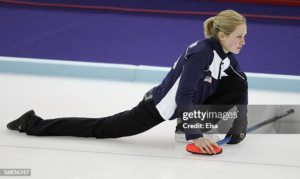 Cassie Johnson of the United States watches the stone during the preliminary round of the women's curling between Norway and the United States during...