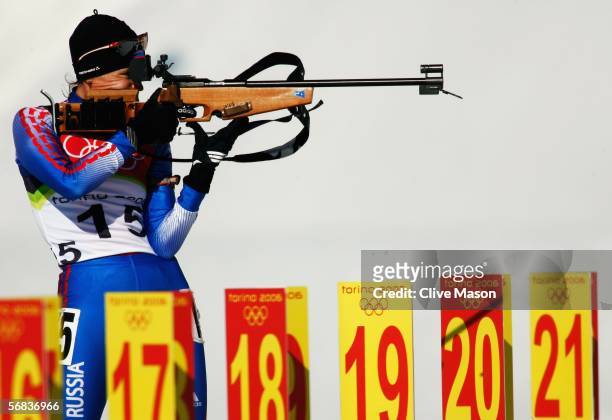 Svetlana Ishmouratova of Russia competes in the Womens Biathlon 15km Individual Final on Day 3 of the 2006 Turin Winter Olympic Games on February 13,...