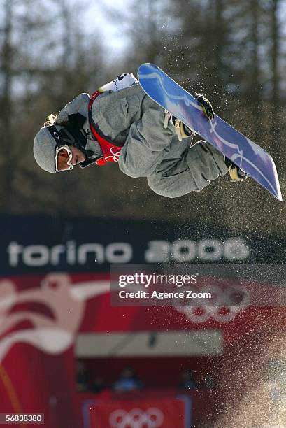 Kjersti Buaas of Norway competes in the Snowboard Half Pipe Final on Day 3 of the 2006 Turin Winter Olympic Games on February 13, 2006 in...