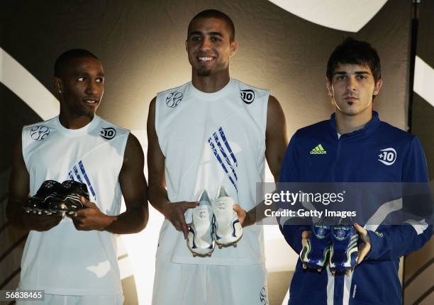 Jermain Defoe, David Trezeguet and David Villa present their new shoes during the Major adidias +F50 Tunit Launch Event on February 13, 2006 in...