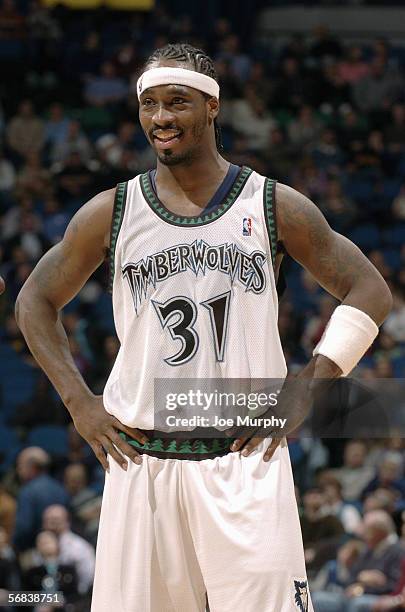 Ricky Davis of the Minnesota Timberwolves smiles during a game between the Utah Jazz and Minnesota Timberwolves on February 10, 2006 at the Target...