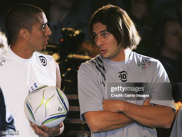 David Trezeguet and Claudio Pizarro laughing during the Major adidas +F50 Tunit Launch Event on February 13, 2006 in Munich.