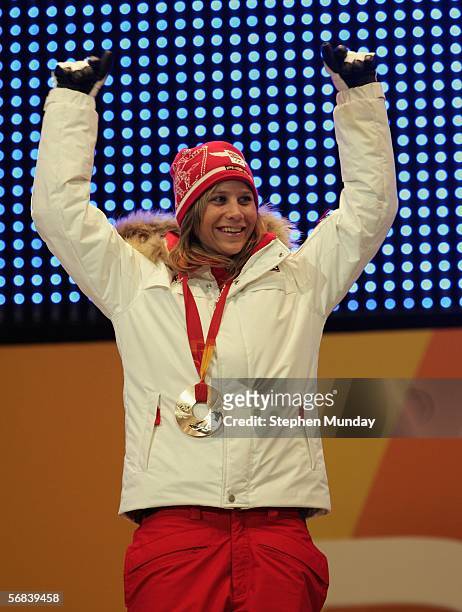Kjersti Buaas of Norway receives the Bronze medal, for the Womens Snowboard Half Pipe on Day 3 of the 2006 Turin Winter Olympic Games on February 13,...