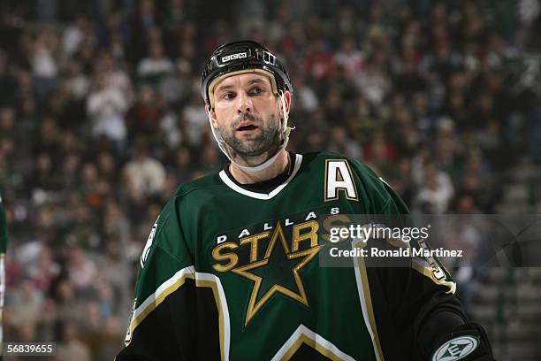 Sergei Zubov of the Dallas Stars looks on against the Detroit Red Wings at the American Airlines Center on January 28, 2006 in Dallas, Texas. The...