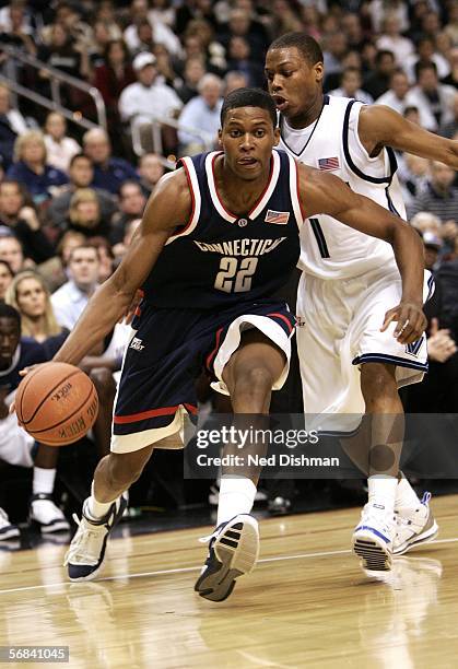 Rudy Gay of the University of Connecticut drives against Kyle Lowry of Villanova University on February 13, 2006 at the Wachovia Center in...