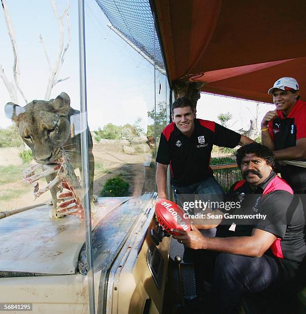 Jason McCartney and Derek Kickett help promote an upcoming AFL tour to South Africa by visiting Werribee Zoo February 14, 2006 in Melbourne,...