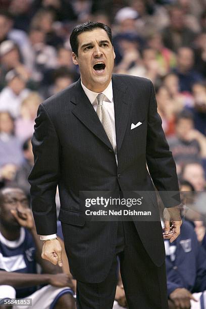 Head coach Jay Wright of Villanova University yells during a game against the University of Connecticut on February 13, 2006 at the Wachovia Center...