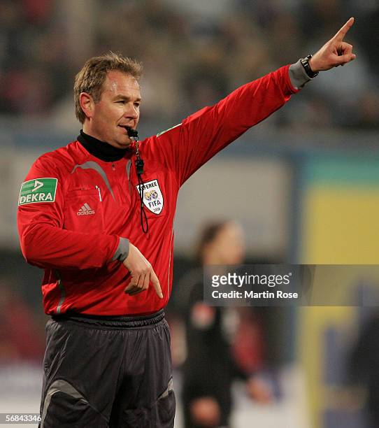 Referee Dr.Helmut Fleischer gestures during the 2nd Bundesliga match between FC Hansa Rostock and VFL Bochum at the Ostseestadium on February 13,...
