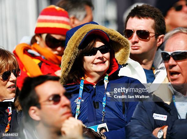 Cherie Blair, wife of Prime Minister, watches the action at the Downhill section of the Mens Combined Alpine Skiing competition on Day 4 of the 2006...