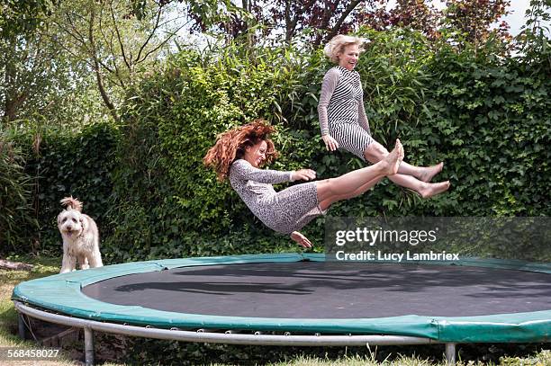 two women playing on trampoline - trampoline equipment stock-fotos und bilder