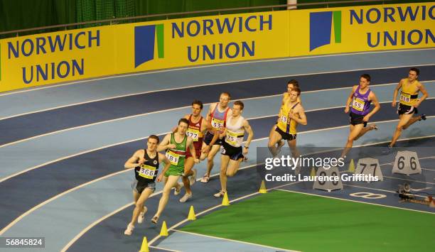 Action from the Mens 1500m Final during the Norwich Union World Trials & AAA Championships at The English Institute of Sport on February 12, 2006 in...