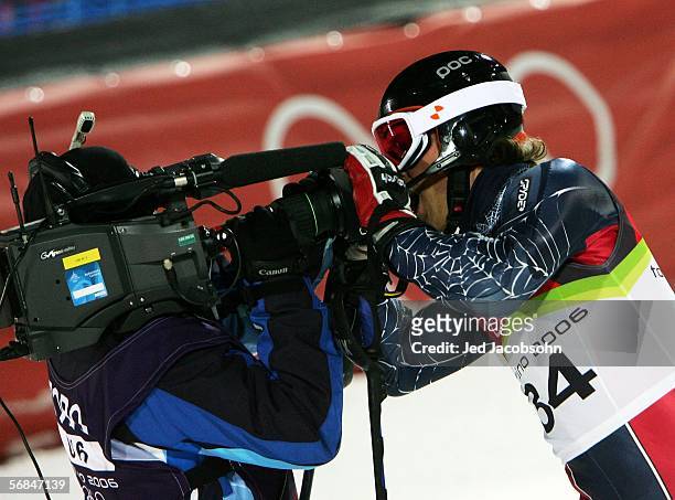 Steven Nyman of the United States yells in the camera after his second run in the Slalom section of the Mens Combined Alpine Skiing competition on...