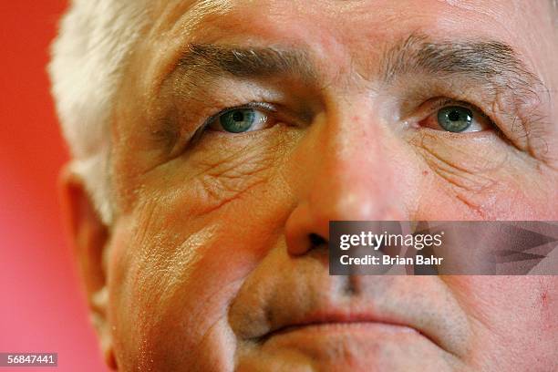 Canada's men's Olympic ice hockey team head coach Pat Quinn attends a press conference after their team's first practice during Day 4 of the Turin...