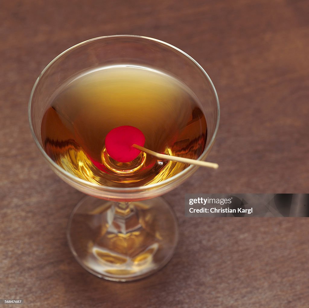 Manhattan cocktail, close-up, elevated view