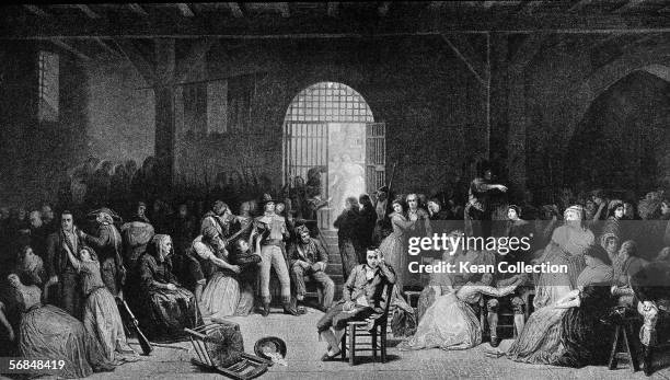 Illustration of the painting by Charles-Louis Muller called 'The Last Roll-Call of the Victims of the Terror' shows, at center, French poet Andre...