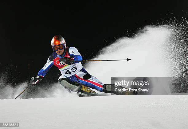 Jean-Baptiste Grange of France competes in the second run of the Slalom section of the Mens Combined Alpine Skiing competition on Day 4 of the 2006...