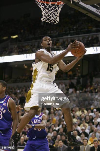Marshall Brown of the Missouri Tigers makes a layup during the game against the Kansas Jayhawks on January 16,2006 at Mizzou Arena in Columbia,...