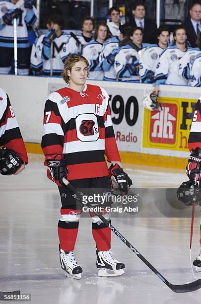 Julian Talbot of the Ottawa 67's stands for the National Anthem before the OHL game against the Toronto St. Michael's Majors on January 12, 2006 at...