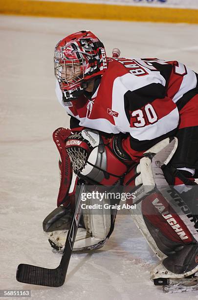 Danny Battochio of the Ottawa 67's eyes the play against the Toronto St. Michael's Majors during the OHL game on January 12, 2006 at St. Michael's...