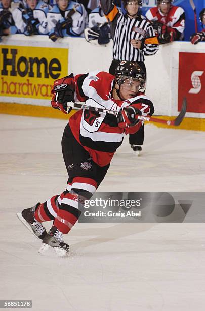 Derek Joslin of the Ottawa 67's follows through on a shot against the Toronto St. Michael's Majors during the OHL game on January 12, 2006 at St....