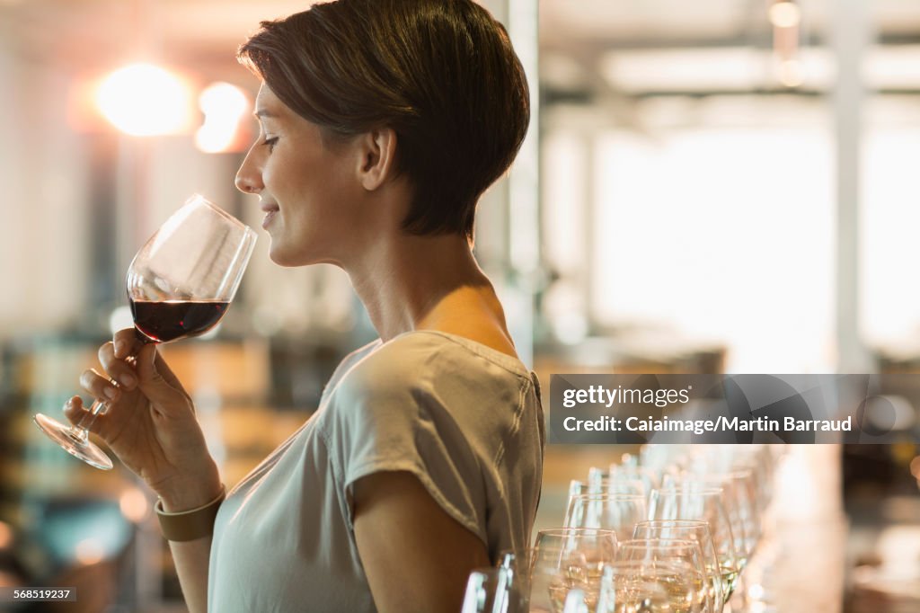 Woman wine tasting red wine in winery tasting room