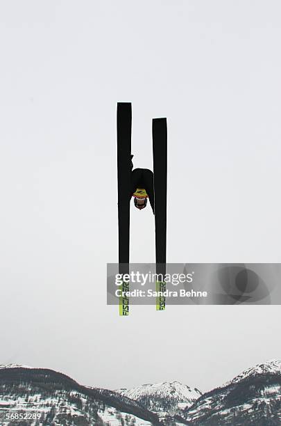 Johnny Spillane of the United States makes his first practice jump in the Nordic Combined Large Hill Team First Discipline on Day 5 of the 2006 Turin...