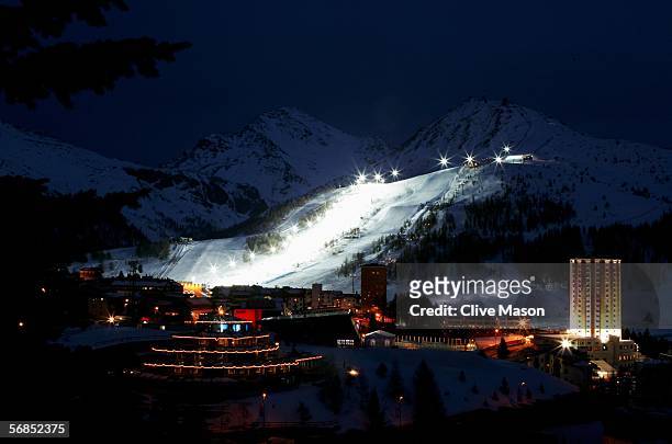View of the town of Sestriere and the Slalom course before the Mens Combined Alpine Skiing Final on Day 4 of the 2006 Turin Winter Olympic Games on...