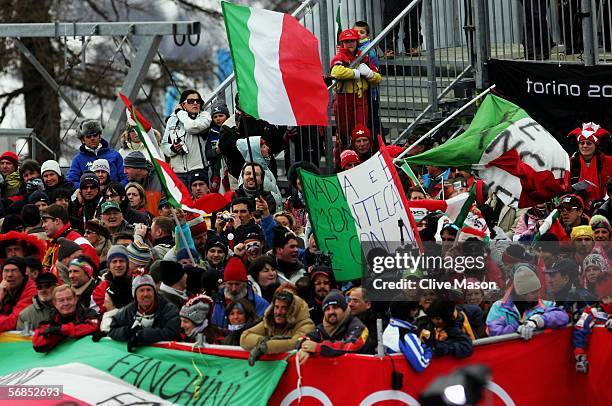 Italian fans cheer on the competitors at the Womens Alpine Skiing Downhill Final on Day 5 of the 2006 Turin Winter Olympic Games on February 15, 2006...