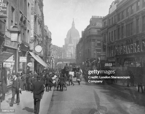 View down Fleet Street towards Ludgate Hill Circus and St Paul's Cathedral, London, circa 1885.