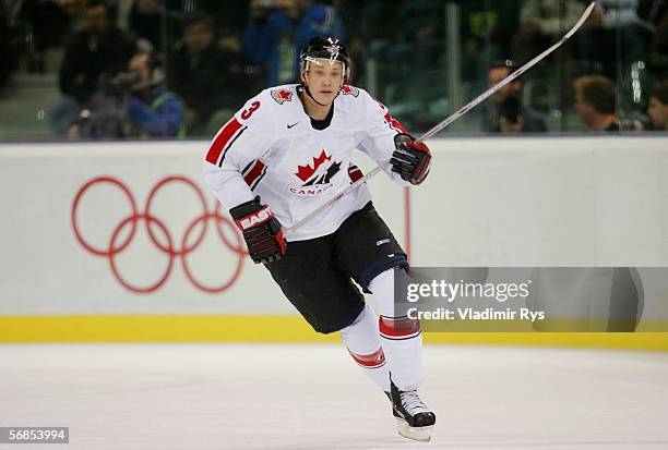 Jay Bouwmeester of Canada skates down the ice during the men's ice hockey Preliminary Round Group A match against Italy on Day 5 of the Turin 2006...