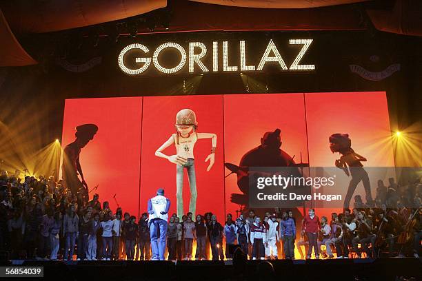 Gorillaz rehearse ahead of The Brit Awards 2006 with MasterCard at Earls Court 1 on February 15, 2006 in London, England. The 26th annual music...