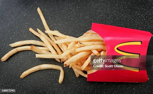 French fries sit on a table at a McDonald's restaurant February 15, 2006 in Des Plaines, Illinois. McDonald's announced February 13 that their french...