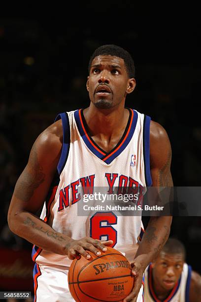 Qyntel Woods of the New York Knicks prepares to shoot a free throw during a game against the Los Angeles Clippers at Madison Square Garden on...