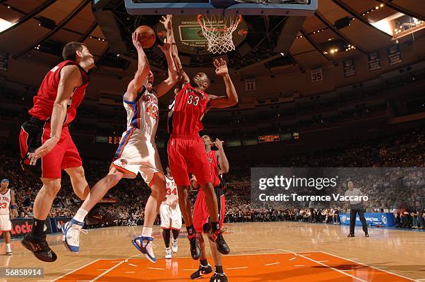 David Lee of the New York Knicks goes to the basket against Antonio Davis of the Toronto Raptors on February 15, 2006 at Madison Square Garden in New...