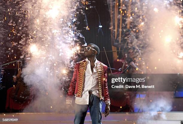 Kanye West performs on stage at The Brit Awards 2006 with MasterCard at Earls Court 1 on February 15, 2006 in London, England. The 26th annual music...