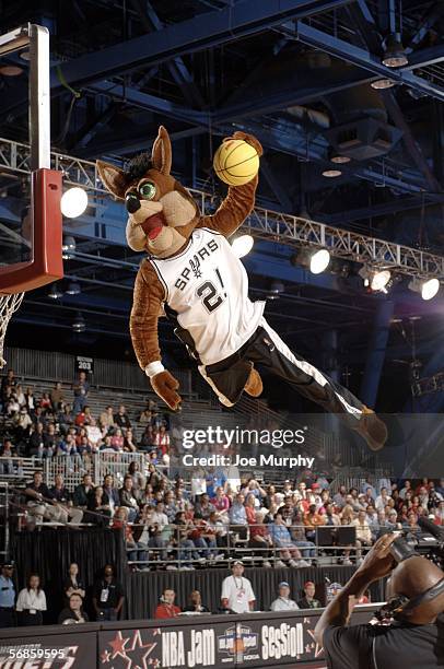 San Antonio Spurs mascot, "The Coyote" dunks the ball at NBA Jam Session, Center Court during the 2006 NBA All-Star Weekend on February 15, 2006 at...