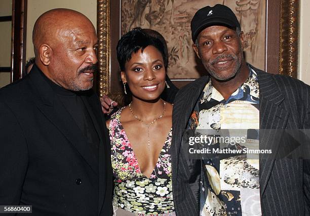 Football legend Jim Brown, Monique Brown and actor Danny Glover attend Jim Brown's surprise birthday party at Crustacean on February 15, 2006 in...