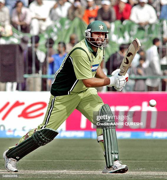 Pakistani cricket captain Inzamam-ul-Haq plays a shot against India during the fourth One Day International match between Pakistan and India at The...