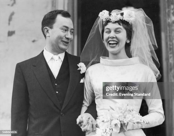 English television actor Peter Sallis with his wife Elaine Usher after their wedding at St. John's Wood Church, London, 9th February 1957.