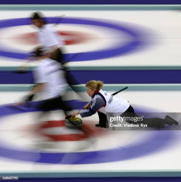 Kelly Wood of Great Britain competes during the preliminary round of the women's curling between Russia and Great Britain during Day 6 of the Turin...