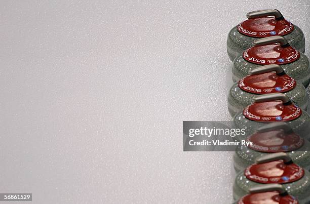 General picture of curling stones on the ice during the preliminary round of the women's curling between Canada and Switzerland during Day 6 of the...