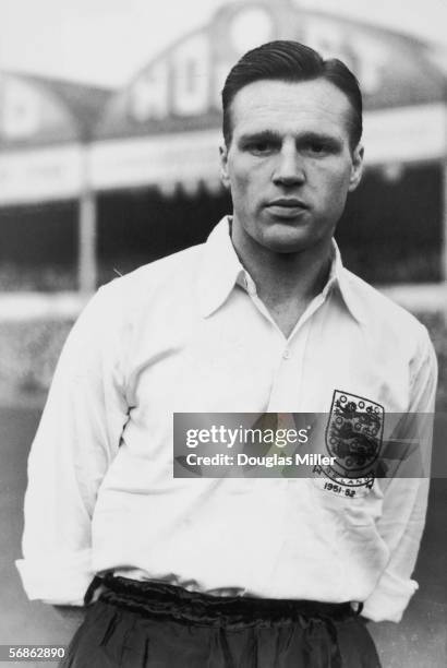 Portsmouth inside-forward Len Phillips wearing an England international shirt made to commemorate the England vs Northern Ireland match at Birmingham...