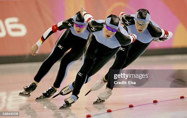 Claudia Pechstein, Anni Fiesinger and Daniela Anschuetz Thoms of Germany skate on their way to a gold medal against Canada in women's speed skating...